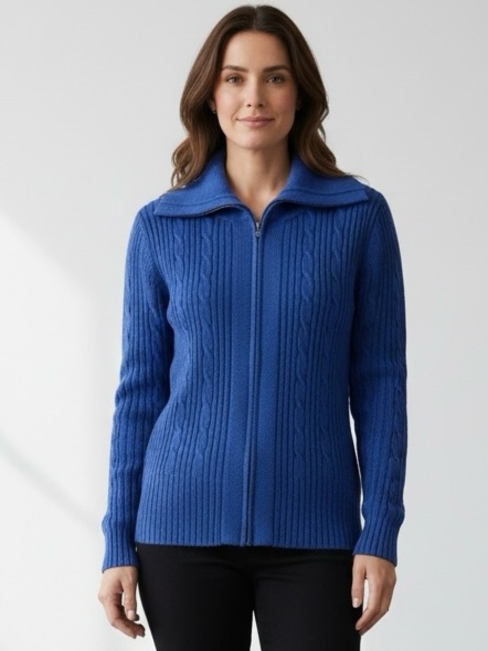 4/$40‎ Stephanie Rogers Chic Blue Cable Knit Zip-Up Sweater Jacket